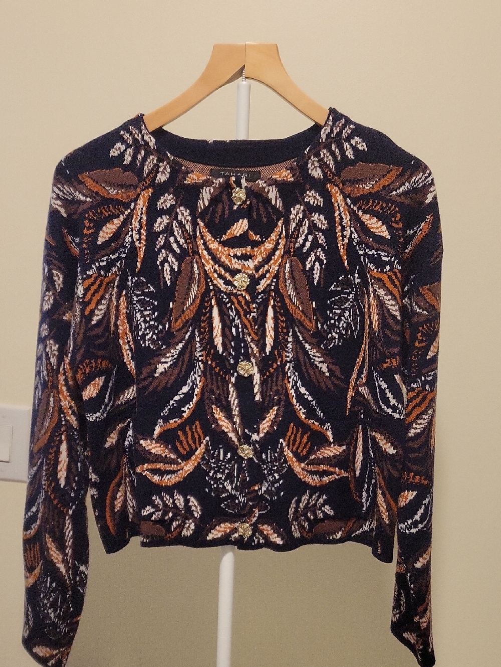 Tahari Navy Leaf-Pattern Button Front Sweater